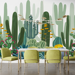 Custom Vibrant Cactus Garden Mural Wallpaper - Colorful Desert Plants and Flowers Design
