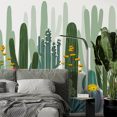 Vibrant Cactus Garden Mural Wallpaper - Colorful Desert Plants and Flowers Design