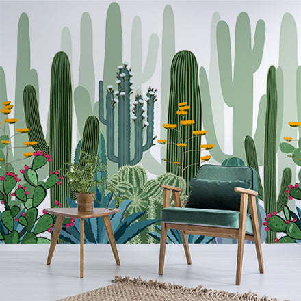 Vibrant Cactus Garden Mural Wallpaper - Colorful Desert Plants and Flowers Design