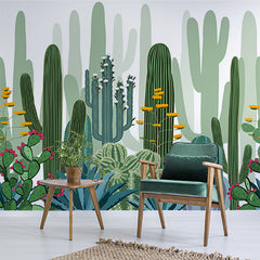 Custom Vibrant Cactus Garden Mural Wallpaper - Colorful Desert Plants and Flowers Design