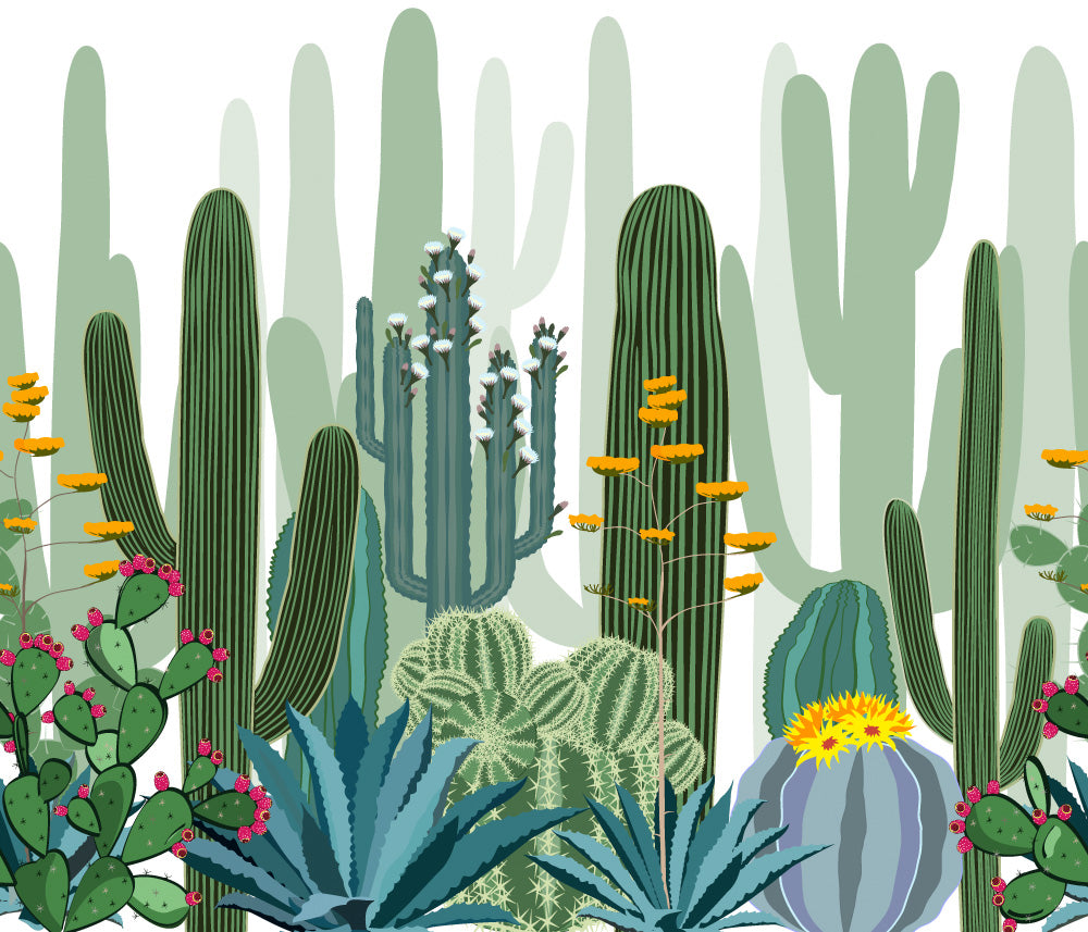 Vibrant Cactus Garden Mural Wallpaper - Colorful Desert Plants and Flowers Design