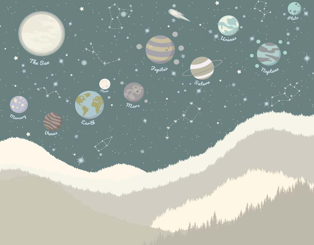 Sonnensystem, Sternbilder und Berge – Kinder-Fototapete