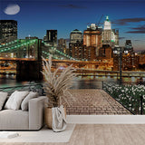 Moonlit New York Waterfront Wall Mural - Brooklyn Bridge and Skyline at Night