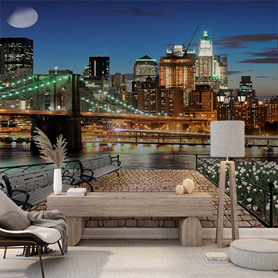 Moonlit New York Waterfront Wall Mural - Brooklyn Bridge and Skyline at Night