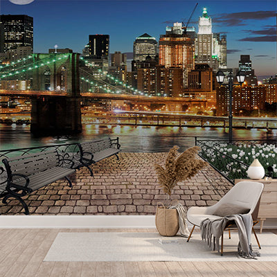 Moonlit New York Waterfront Wall Mural - Brooklyn Bridge and Skyline at Night