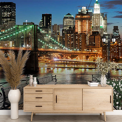 Moonlit New York Waterfront Wall Mural - Brooklyn Bridge and Skyline at Night