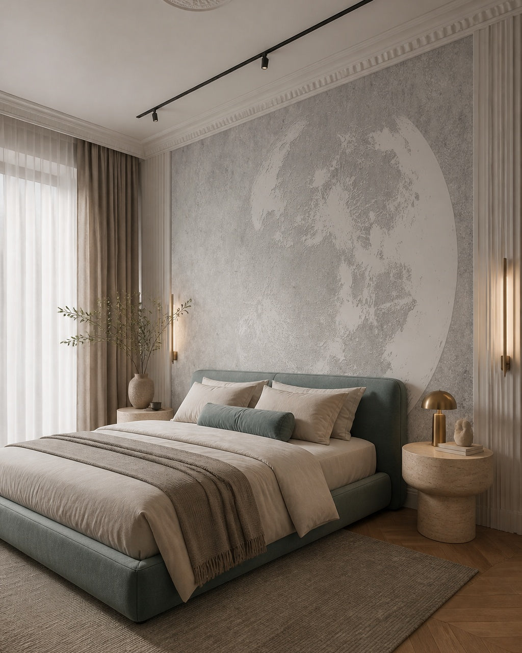 Minimalist moon wallpaper in a designer bedroom.