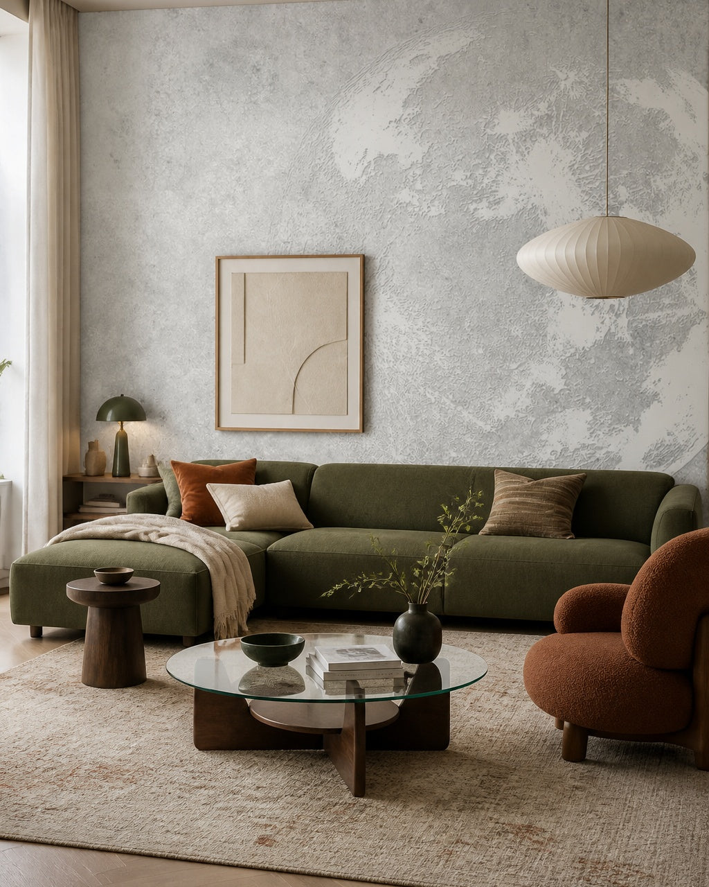 Minimalist moon wallpaper in a designer living room.