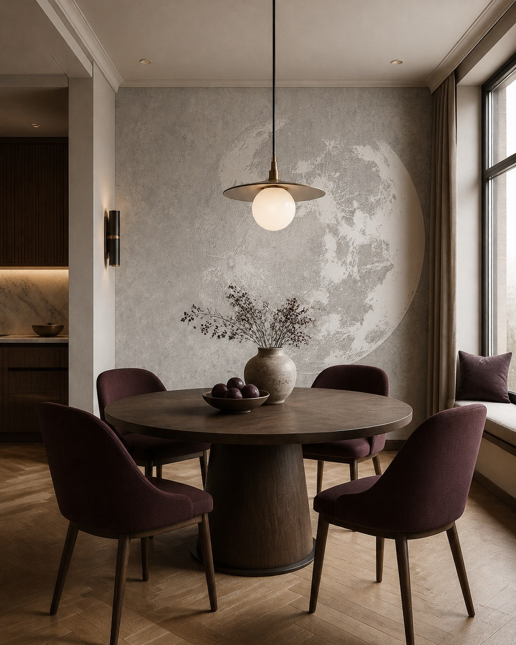 Minimalist moon wallpaper in a refined dining area.