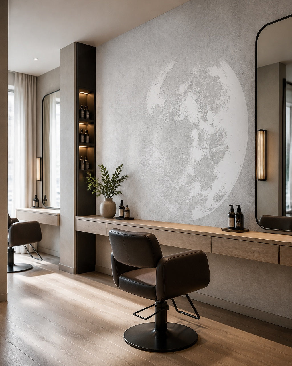 Minimalist moon wallpaper in a beauty salon.