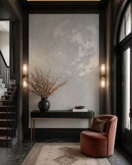 Minimalist moon wallpaper in a refined foyer.
