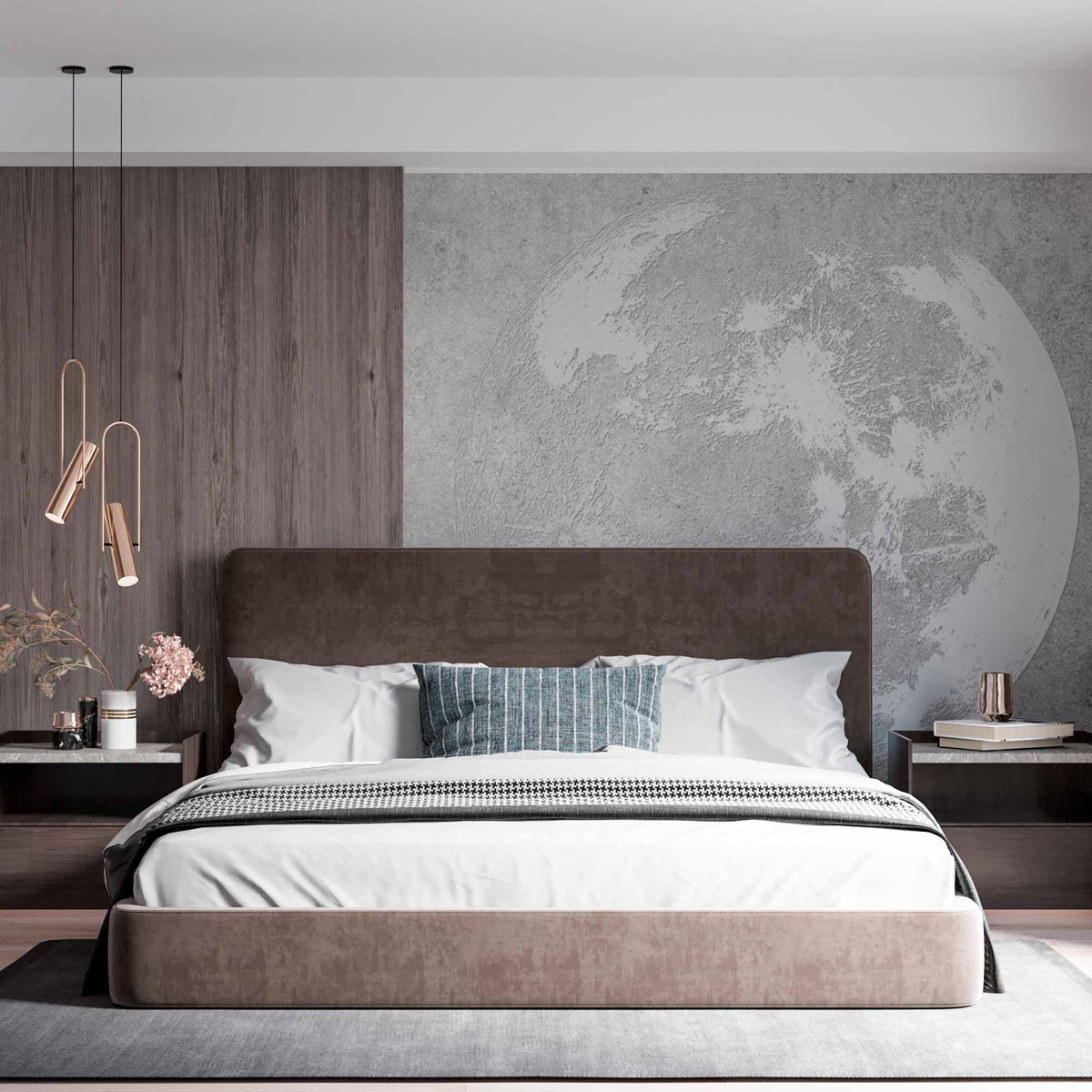 Custom Modern Minimalist Moon Wall Mural Wallpaper - Textured Grey Background