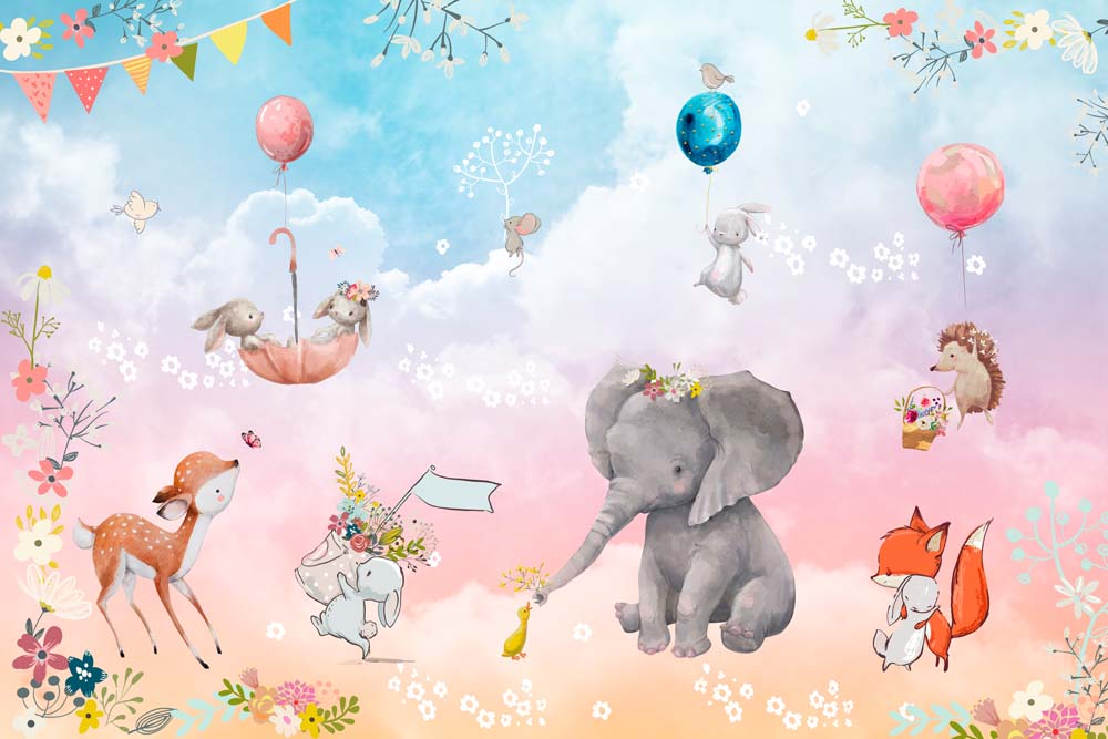 Kids Wall Mural Fairytale Animals in Clouds Cartoon Elephant Fox Rabbit Deer Nursery Wallpaper