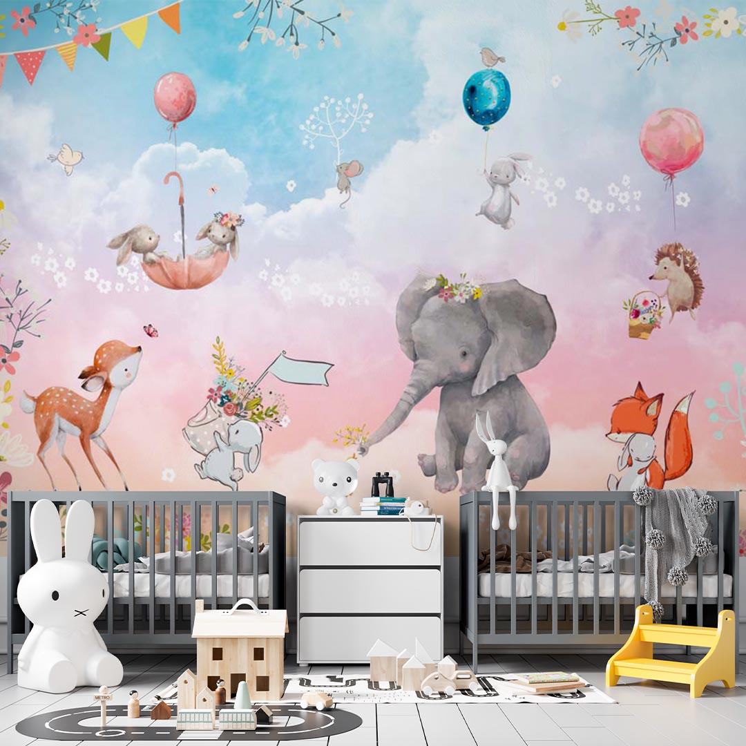 Kids Wall Mural Fairytale Animals in Clouds Cartoon Elephant Fox Rabbit Deer Nursery Wallpaper