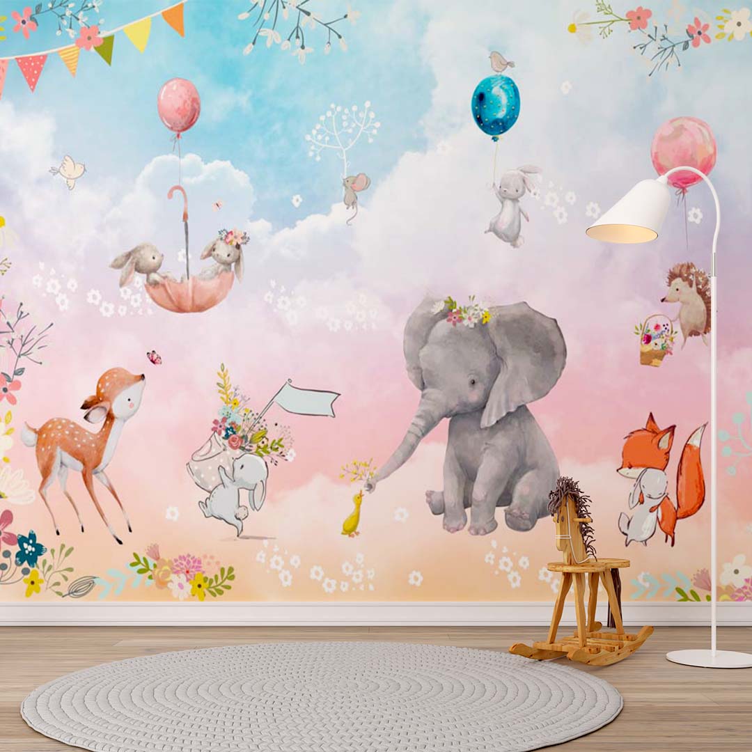 Kids Wall Mural Fairytale Animals in Clouds Cartoon Elephant Fox Rabbit Deer Nursery Wallpaper