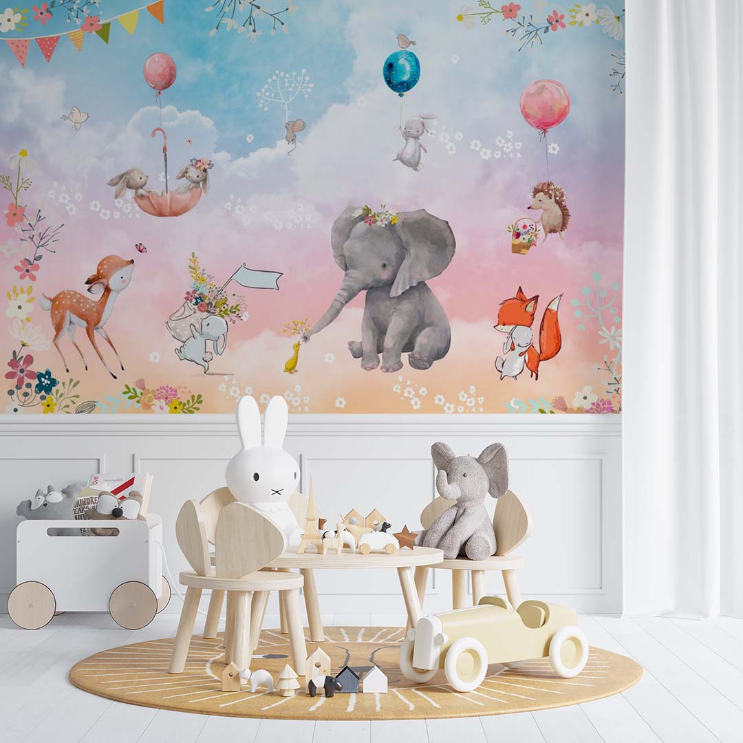 Kids Wall Mural Fairytale Animals in Clouds Cartoon Elephant Fox Rabbit Deer Nursery Wallpaper