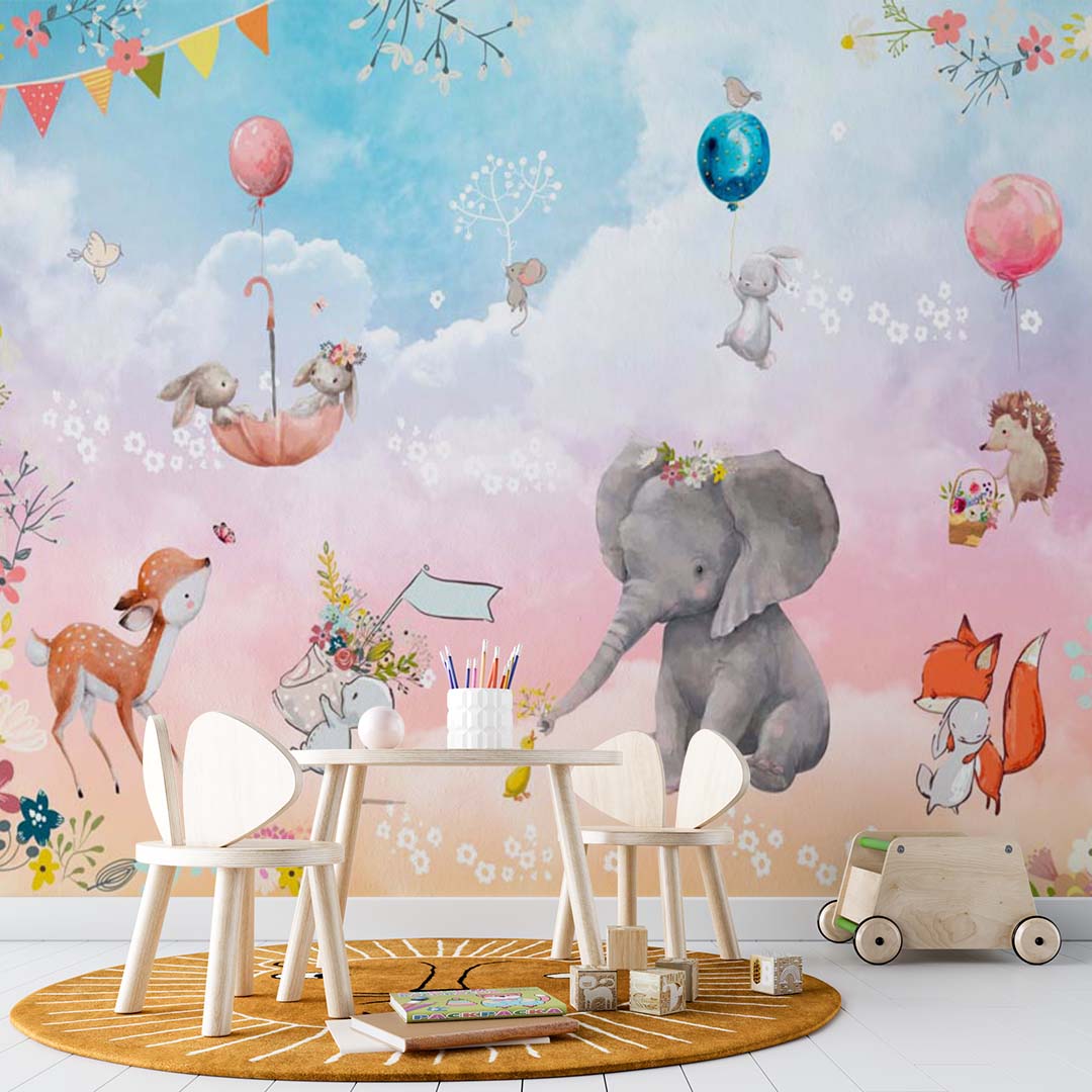 Kids Wall Mural Fairytale Animals in Clouds Cartoon Elephant Fox Rabbit Deer Nursery Wallpaper