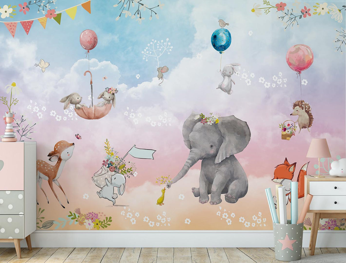 Kids Wall Mural Fairytale Animals in Clouds Cartoon Elephant Fox Rabbit Deer Nursery Wallpaper