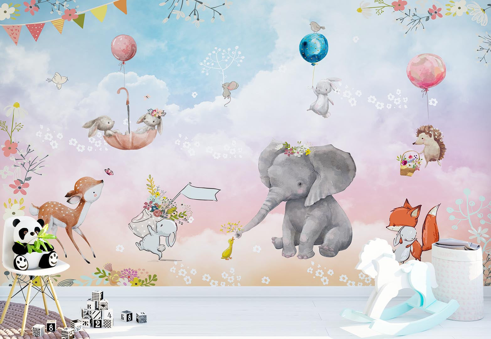 Kids Wall Mural Fairytale Animals in Clouds Cartoon Elephant Fox Rabbit Deer Nursery Wallpaper