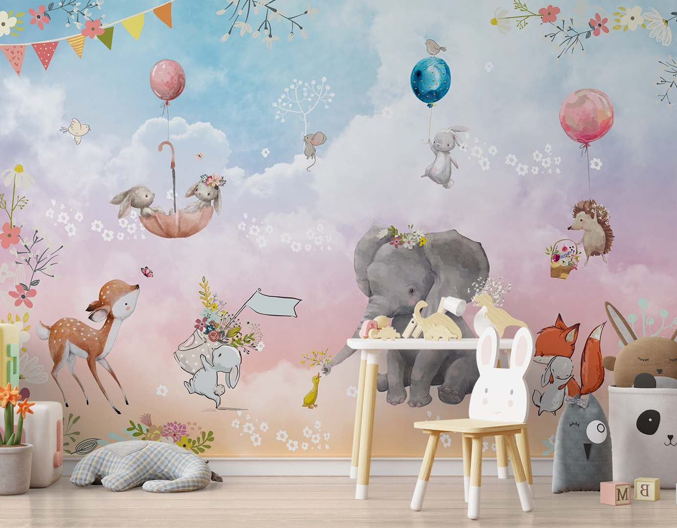 Kids Wall Mural Fairytale Animals in Clouds Cartoon Elephant Fox Rabbit Deer Nursery Wallpaper