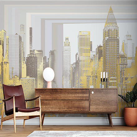 Custom Abstract Golden Cityscape Wall Mural - Modern Urban Skyline Art