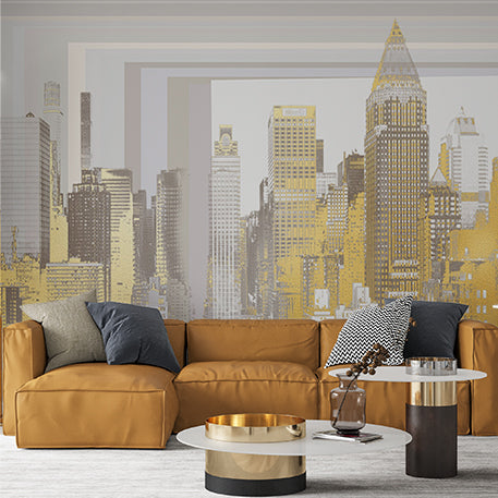 Abstract Golden Cityscape Wall Mural - Modern Urban Skyline Art