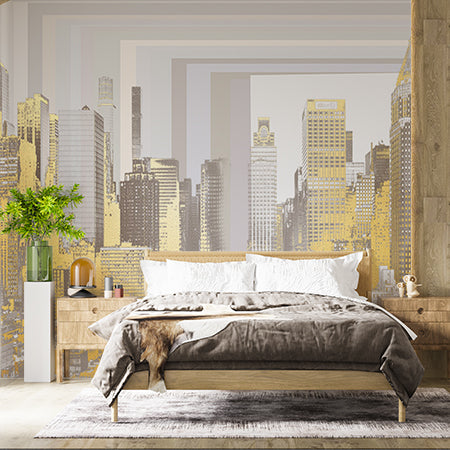 Abstract Golden Cityscape Wall Mural - Modern Urban Skyline Art