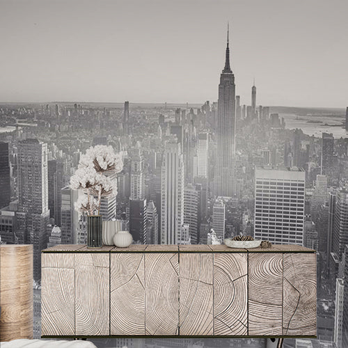 Custom Monochrome Aerial View Wall Mural - Foggy New York City Skyline