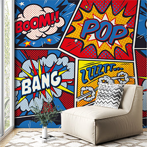 Retro Pop Art Comic Book Style Wall Murals with Bright Colors and Text