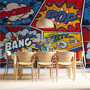 Custom Retro Pop Art Comic Book Style Wall Murals with Bright Colors and Text