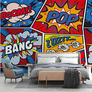 Retro Pop Art Comic Book Style Wall Murals with Bright Colors and Text