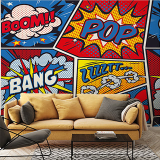 Retro Pop Art Comic Book Style Wall Murals with Bright Colors and Text