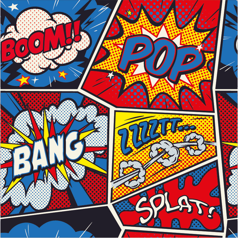 Retro Pop Art Comic Book Style Wall Murals with Bright Colors and Text