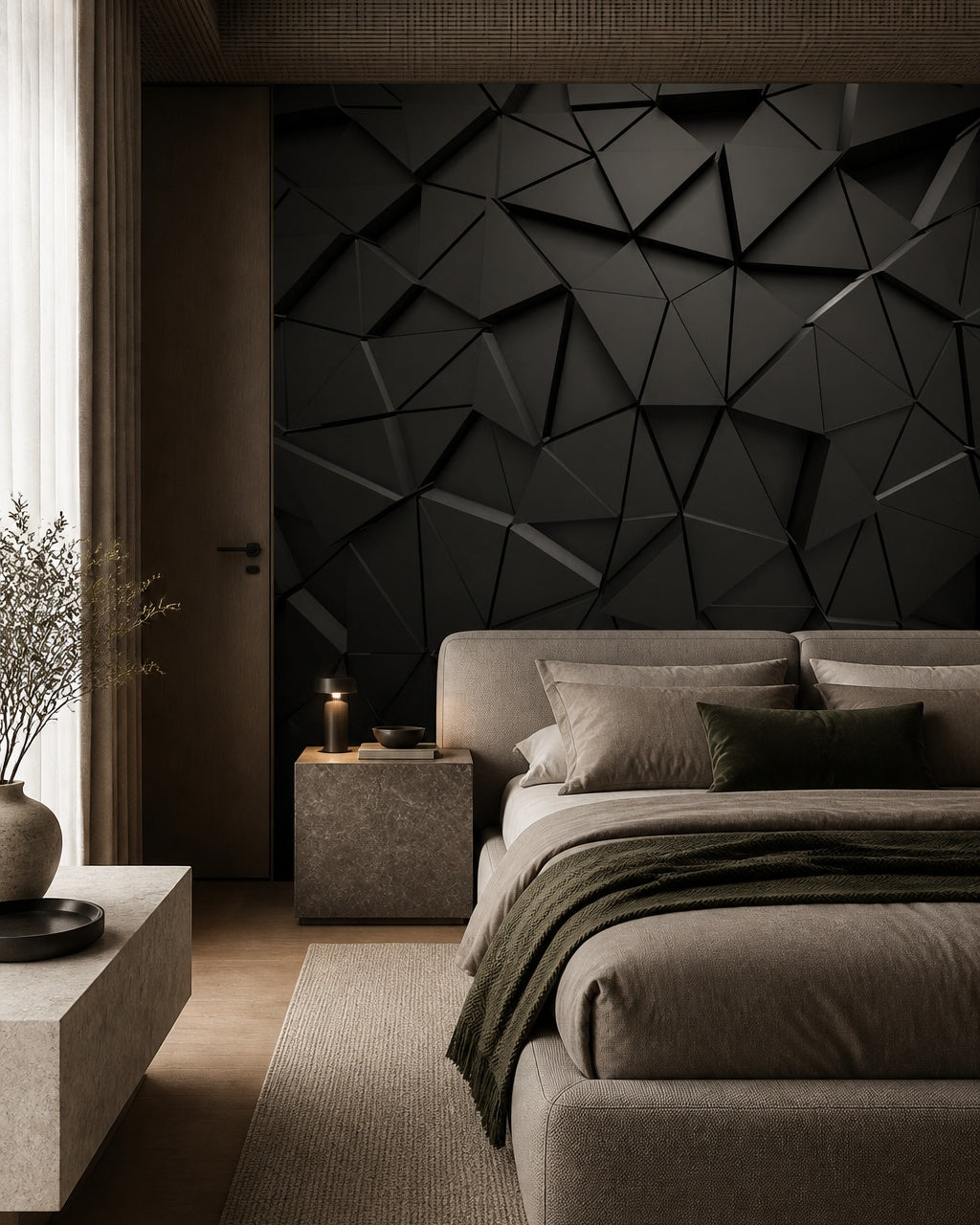 Black 3D geometric wallpaper in a designer bedroom.