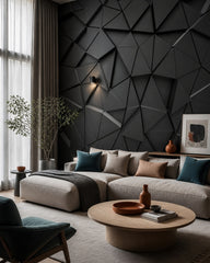 Black 3D geometric wallpaper in a designer living room.