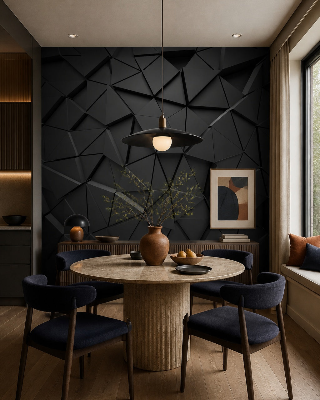 Black 3D geometric wallpaper in a refined dining area.