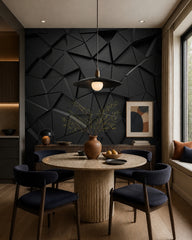 Black 3D geometric wallpaper in a refined dining area.