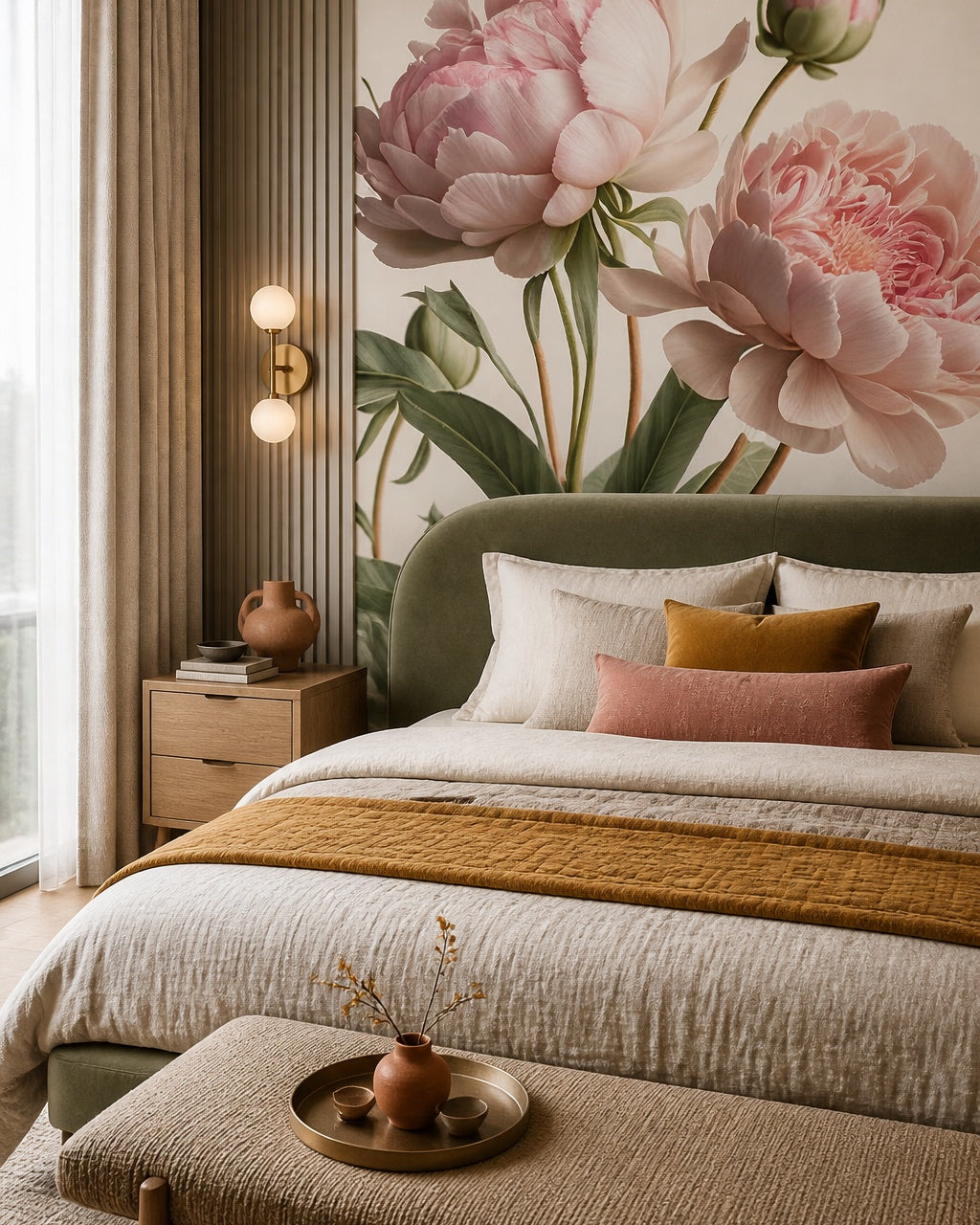Pink peonies wallpaper in a designer bedroom.