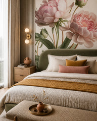 Pink peonies wallpaper in a designer bedroom.