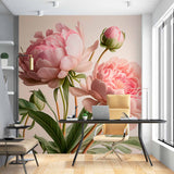 Pink Peony Blooms Wall Mural on Soft Beige Background Floral Wallpaper