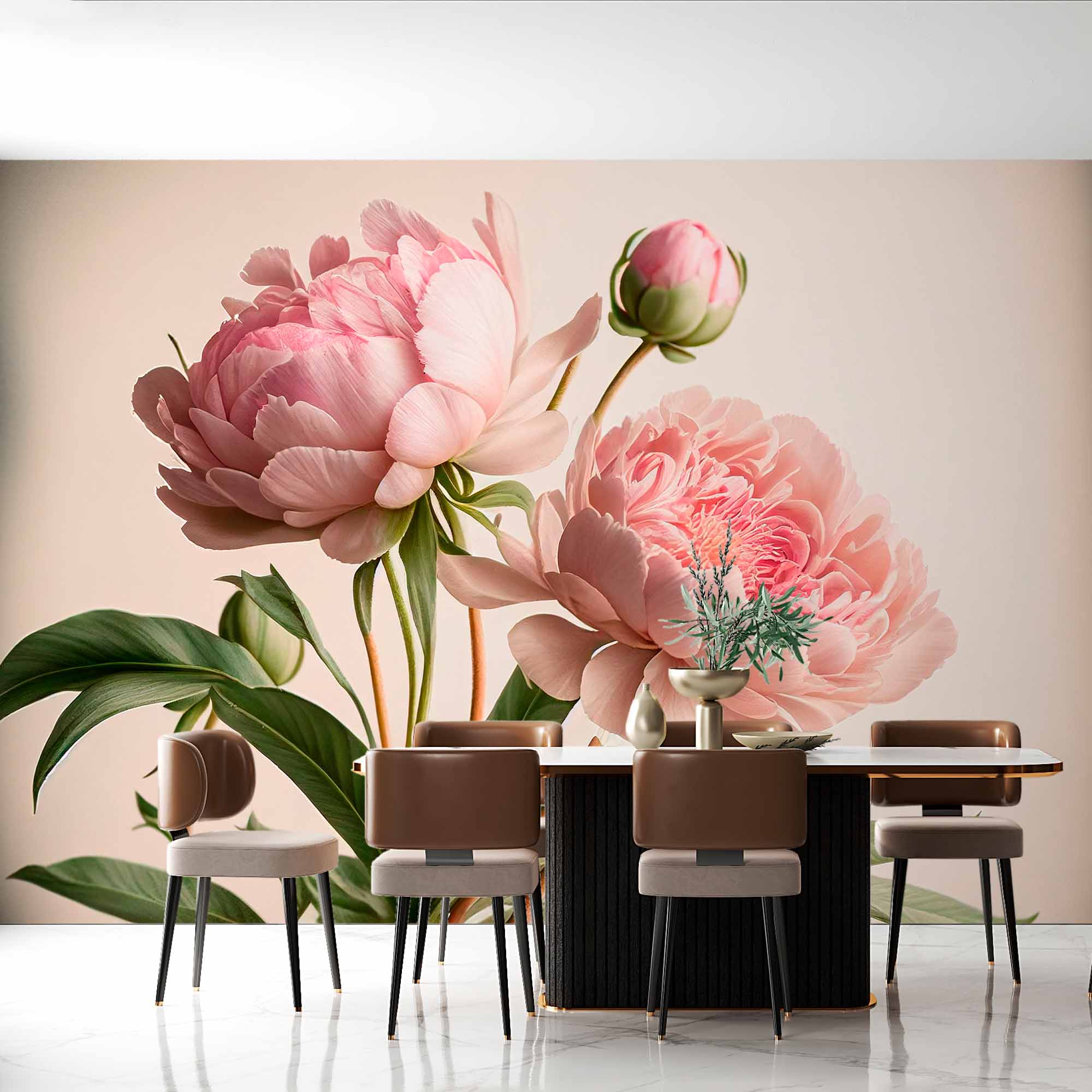 Pink Peony Blooms Wall Mural on Soft Beige Background Floral Wallpaper