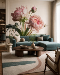 Pink peonies wallpaper in a designer living room.