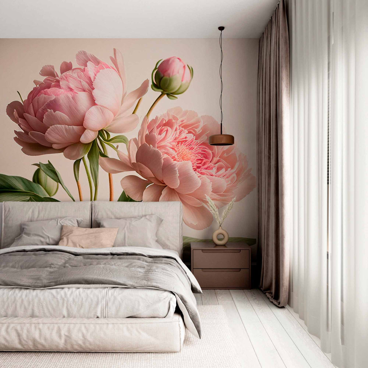 Custom Pink Peony Blooms Wall Mural on Soft Beige Background Floral Wallpaper