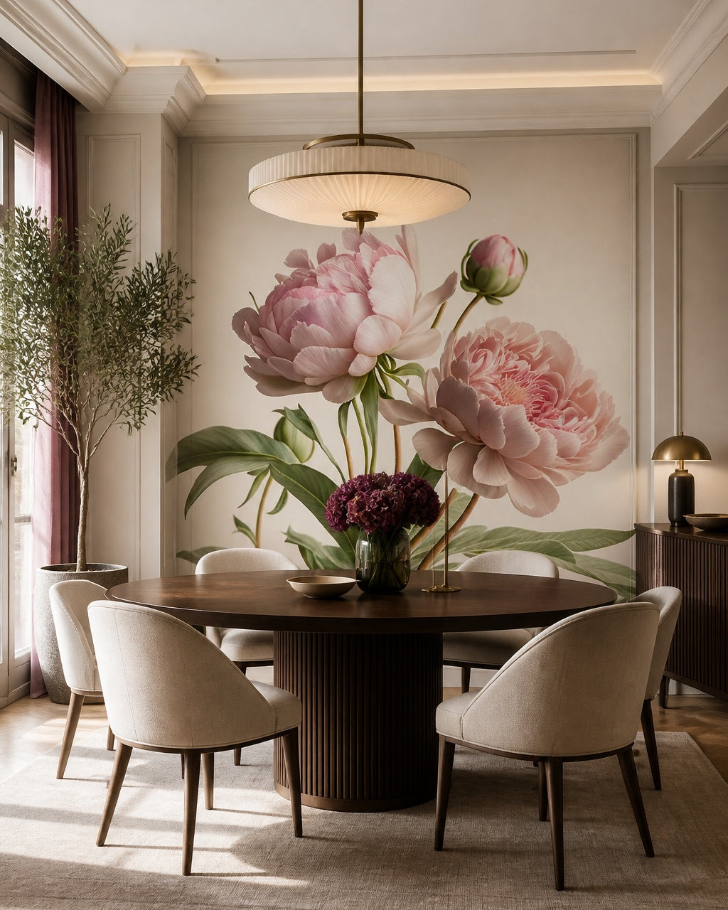Pink peonies wallpaper in a refined dining area.