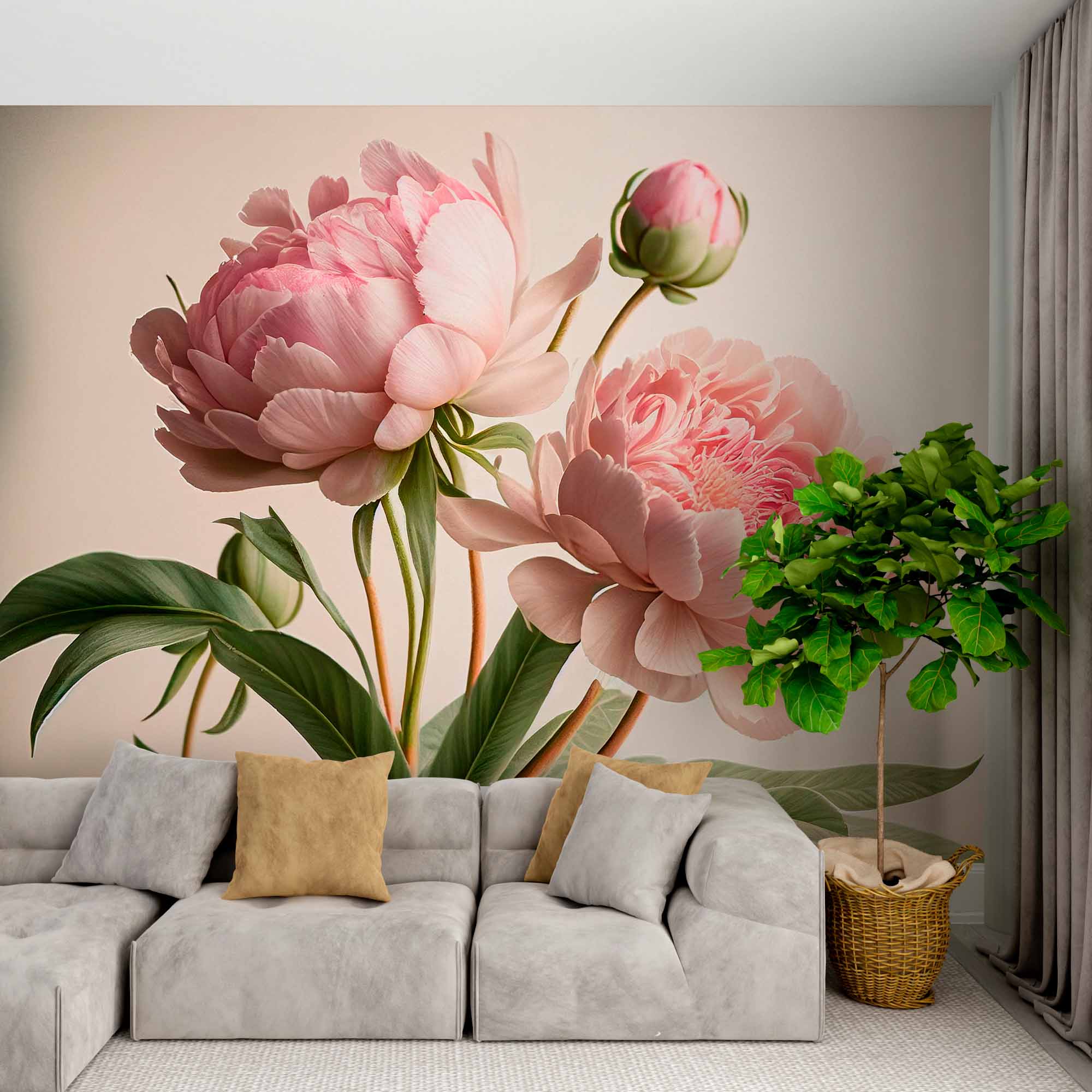 Pink Peony Blooms Wall Mural on Soft Beige Background Floral Wallpaper