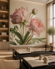 Pink peonies wallpaper in a fitness studio.