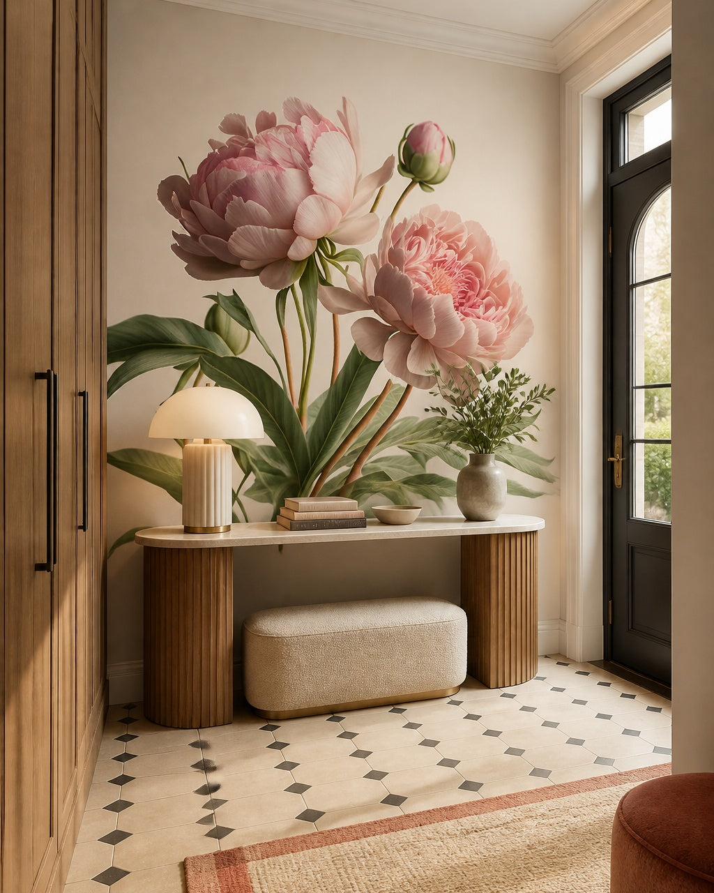 Pink peonies wallpaper in a designer entrance hall.