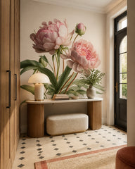 Pink peonies wallpaper in a designer entrance hall.