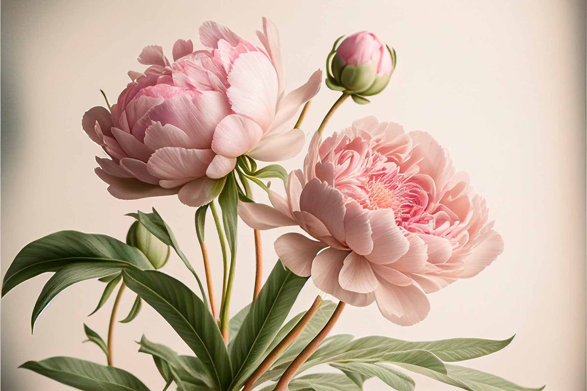 Pink Peony Blooms Wall Mural on Soft Beige Background Floral Wallpaper