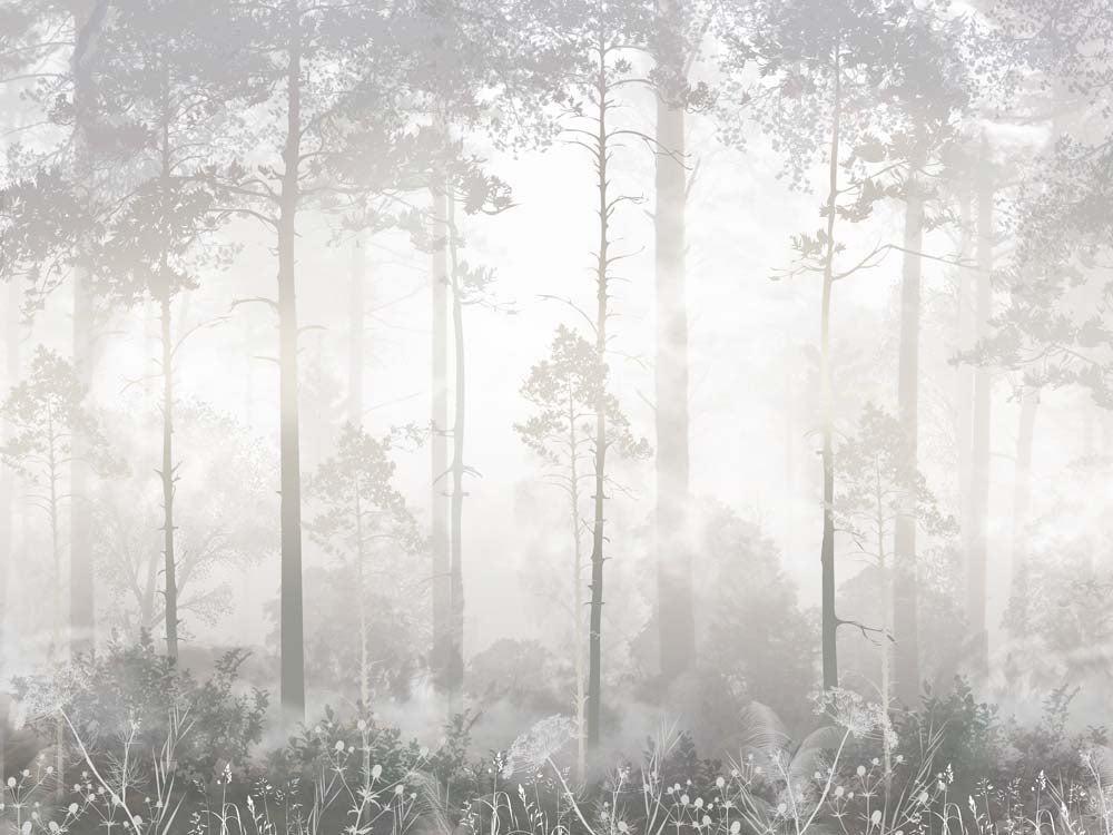 Papier peint forêt brumeuse avec fleurs sauvages – Panoramique arbres gris doux